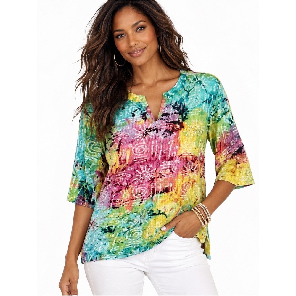 Take Two Women's Small Tie Dye Rhinestone Embellished Artsy Boho Top